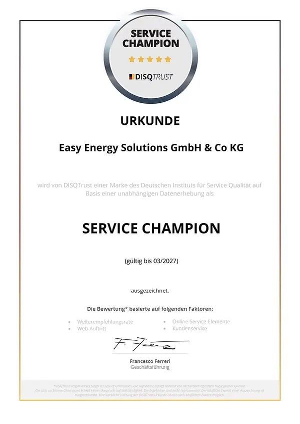 Urkunde Service-Champion für Easy Energy Solutions GmbH & Co. KG