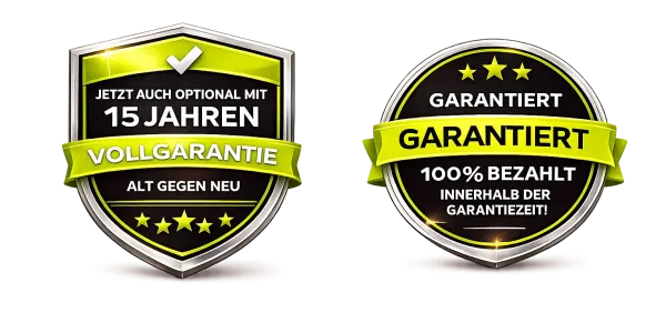 jetzt auch optional mit 15 Jahren Vollgarantie (alt gegen neu). Kein Risiko: garantiert 100 % bezahlt innerhalb der Garantiezeit!