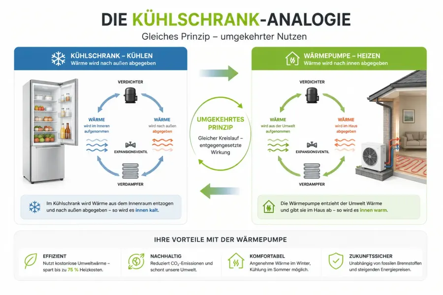 Kühlschrank-Analogie erklärt das Funktionsprinzip einer Wärmepumpe mit umgekehrtem Wärmefluss